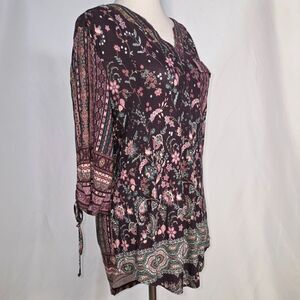 One World Golche Brown Floral and Patterns Soft Tunic Top Size Medium